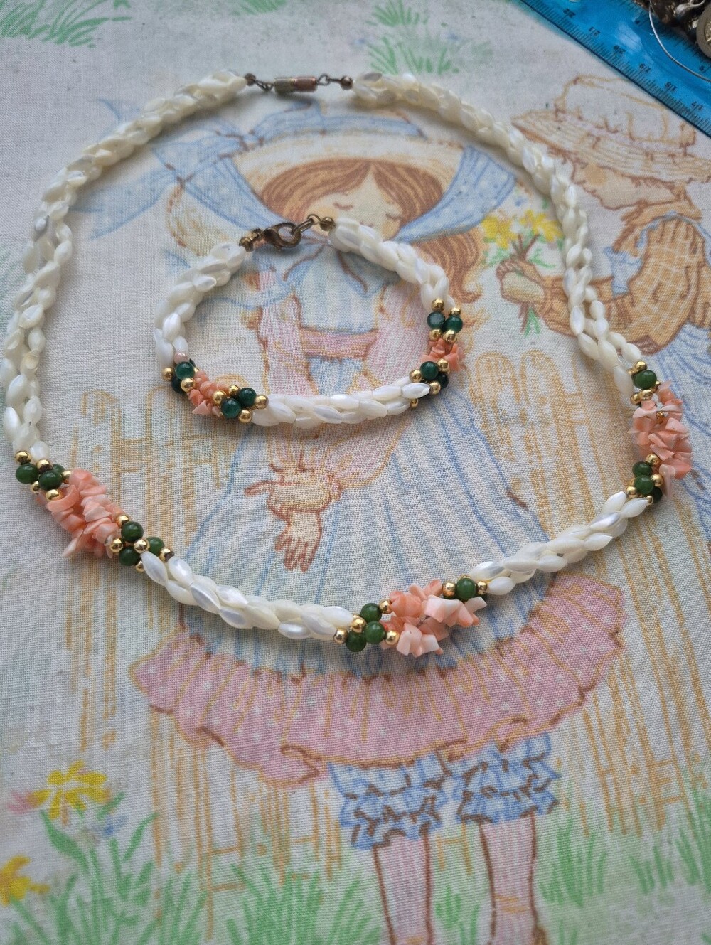 🌙​Set Mother of Pearl Twisted Shell Coral Green Jade Bead Necklace Bracelet